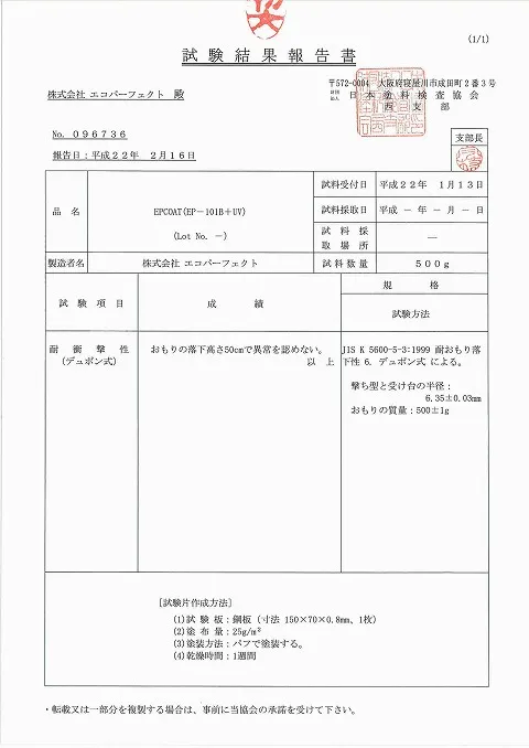 耐衝撃性　異常なし