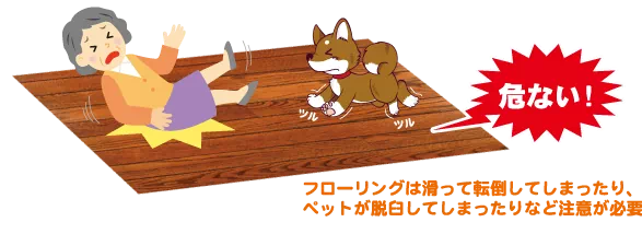 フローリングは滑って転倒してしまったり、ペットが脱臼してしまったりなど注意が必要